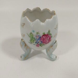 Vintage Napcoware Footed Cracked Egg Vase Blue, Pink Roses Hand Painted